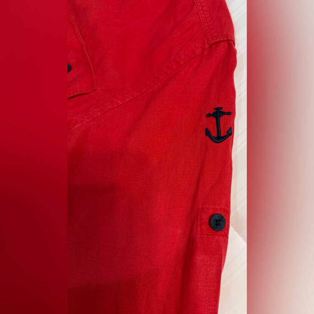 Ralph Lauren Red Linen Button Down Shirt Black Front Button Pockets - Picture 7 of 8